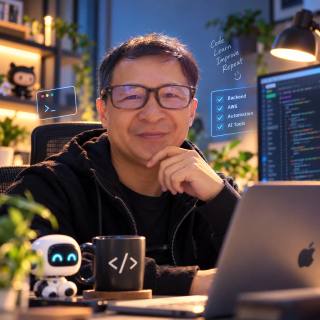 Stylized portrait of Tho Nguyen at a developer workstation with a laptop and code on screen
