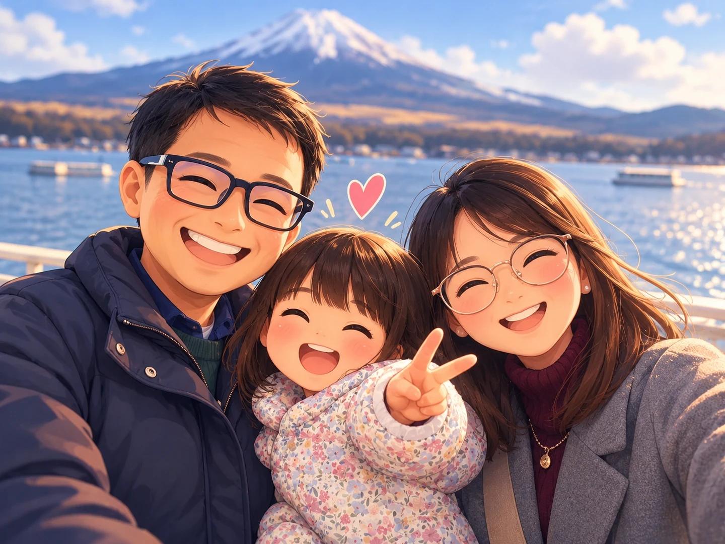 Illustration of a smiling father, daughter and mother taking a selfie together by a lake, the daughter in the middle making a peace sign